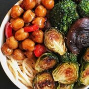 Teriyaki chickpeas with roasted brussels sprouts in a bowl