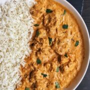 Vegan butter chicken with basmati rice in a bowl