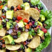 Vegan taco salad with chips in a bowl