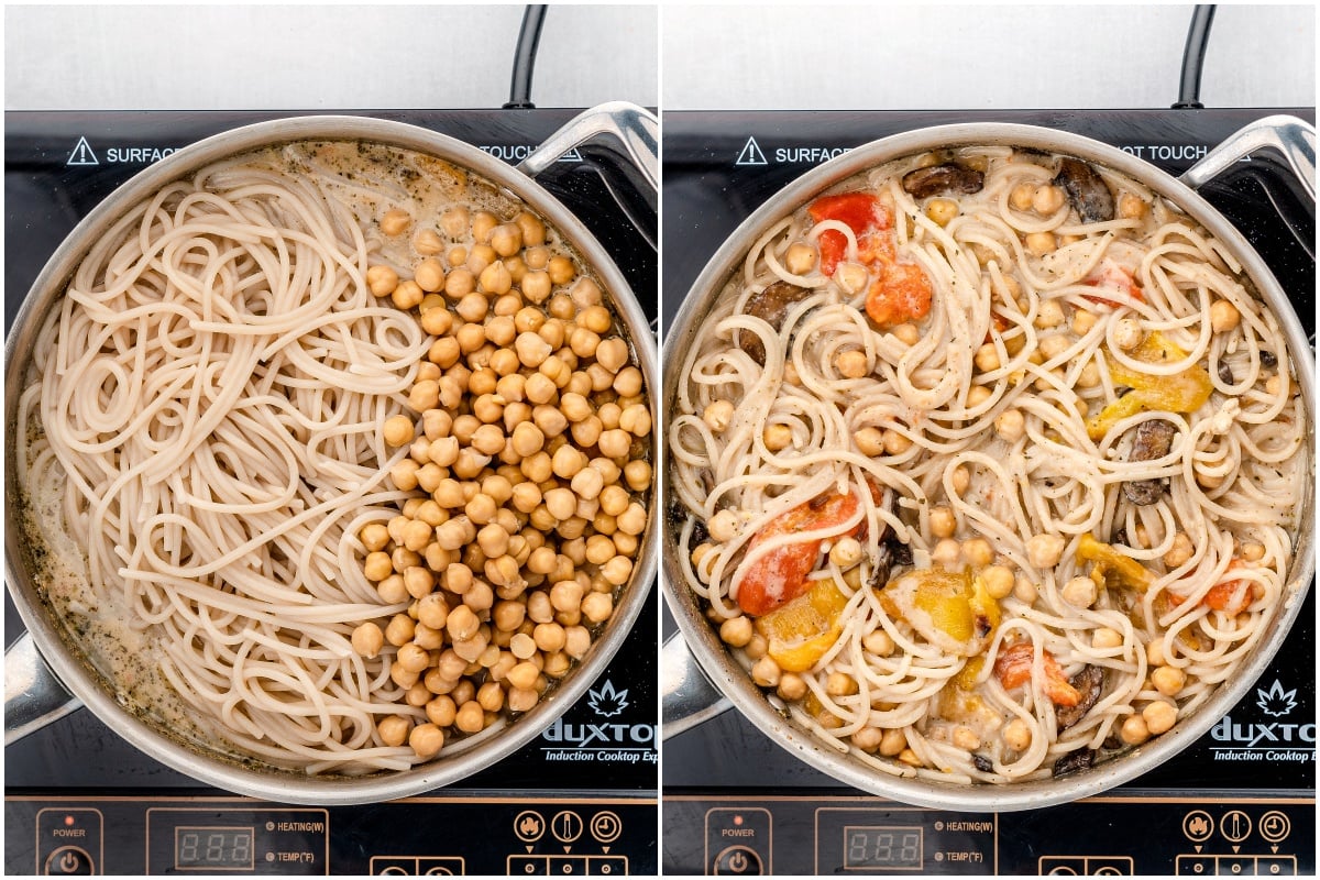 Side by side images of pasta with chickpeas in a skillet.
