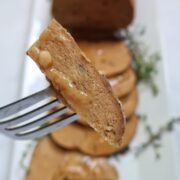 Slice of vegan turkey on a fork
