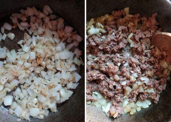 Side by side photo showing onions and beyond meat being browned in a pot