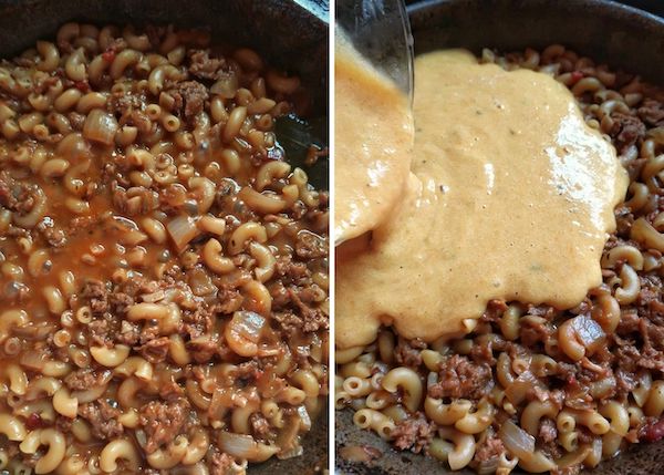 Side by side images of vegan hamburger helper in a pot with vegan cheese sauce added