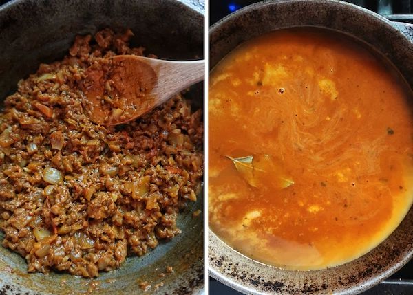 side by side photo showing how to cook beyond meat for vegan hamburger helper
