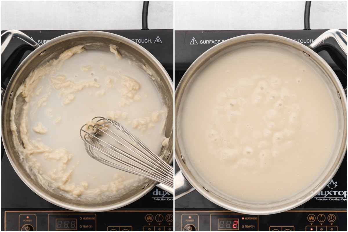 Roux sauce in a pan with whisk