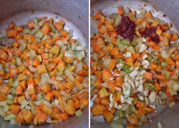Παραδίπλα εικόνες λαχανικών που σοτάρονται σε μια κατσαρόλα