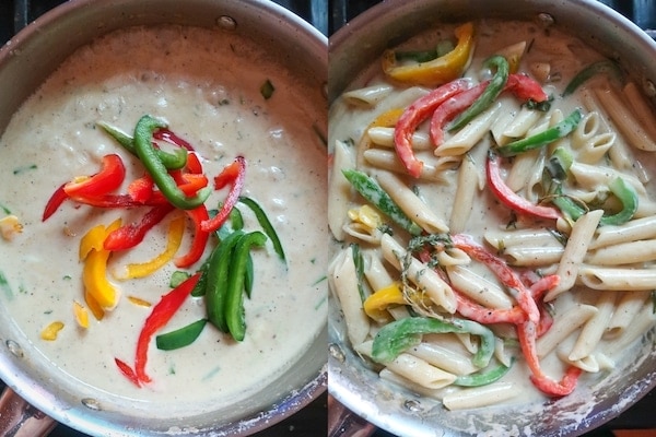 Εικόνες δίπλα δίπλα που δείχνουν πώς να φτιάξετε vegan ζυμαρικά ράστα