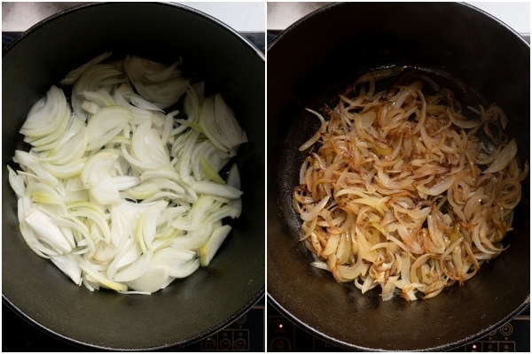 Side by side images showing onions browning in a pot