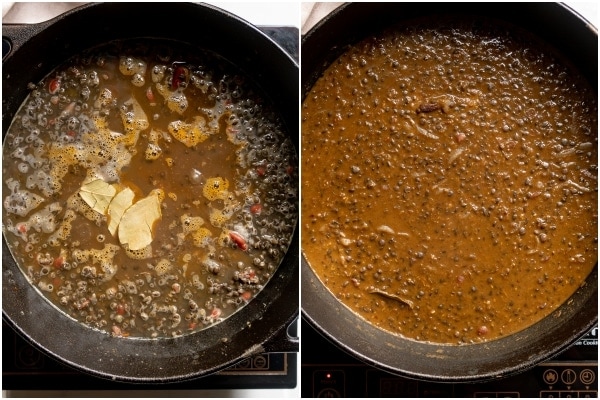 Side by side images showing black lentil curry in a pot