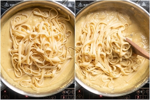 side by side images showing fettuccine being tossed in alfredo sauce with a spoon