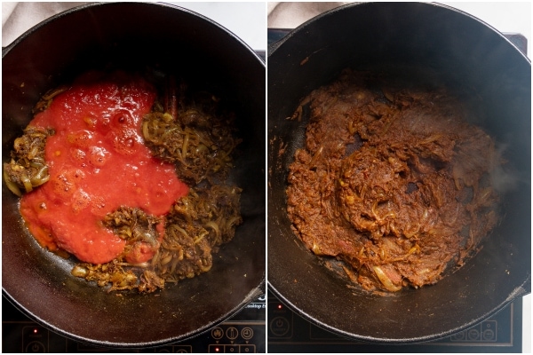 Side by side images showing onions and tomato puree cooking in a pot