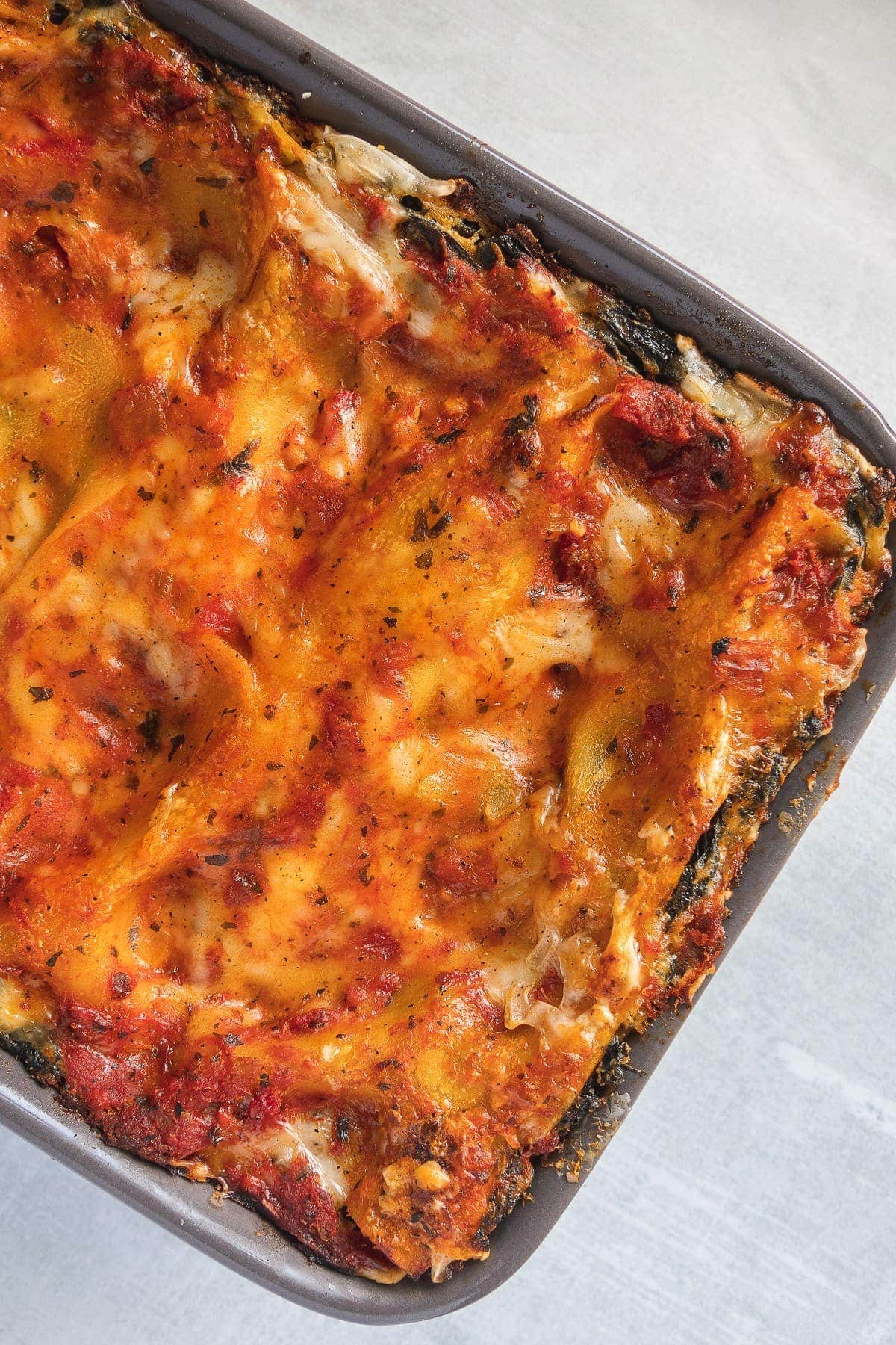 Baked lasagna in a casserole dish