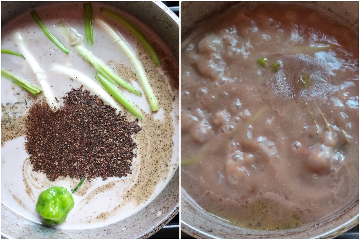 Collage photo of coconut milk, herbs and spices in pot.