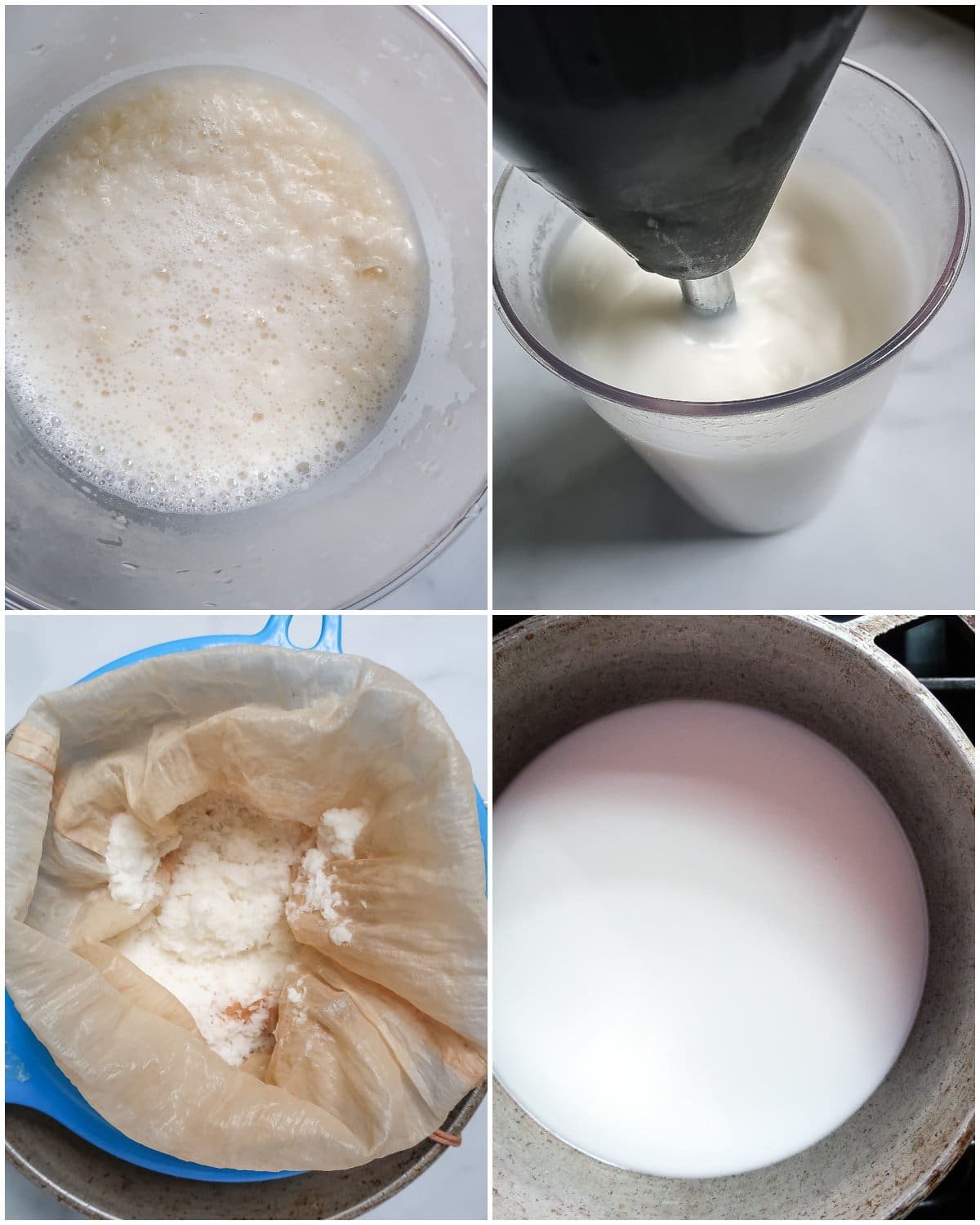 Step by step photos showing how to make fresh coconut milk.