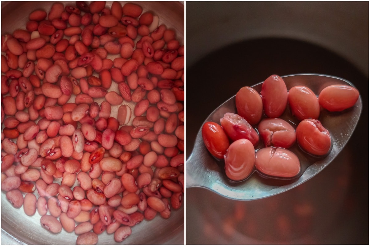Collage photos showing how to soak and cook red kidney beans.