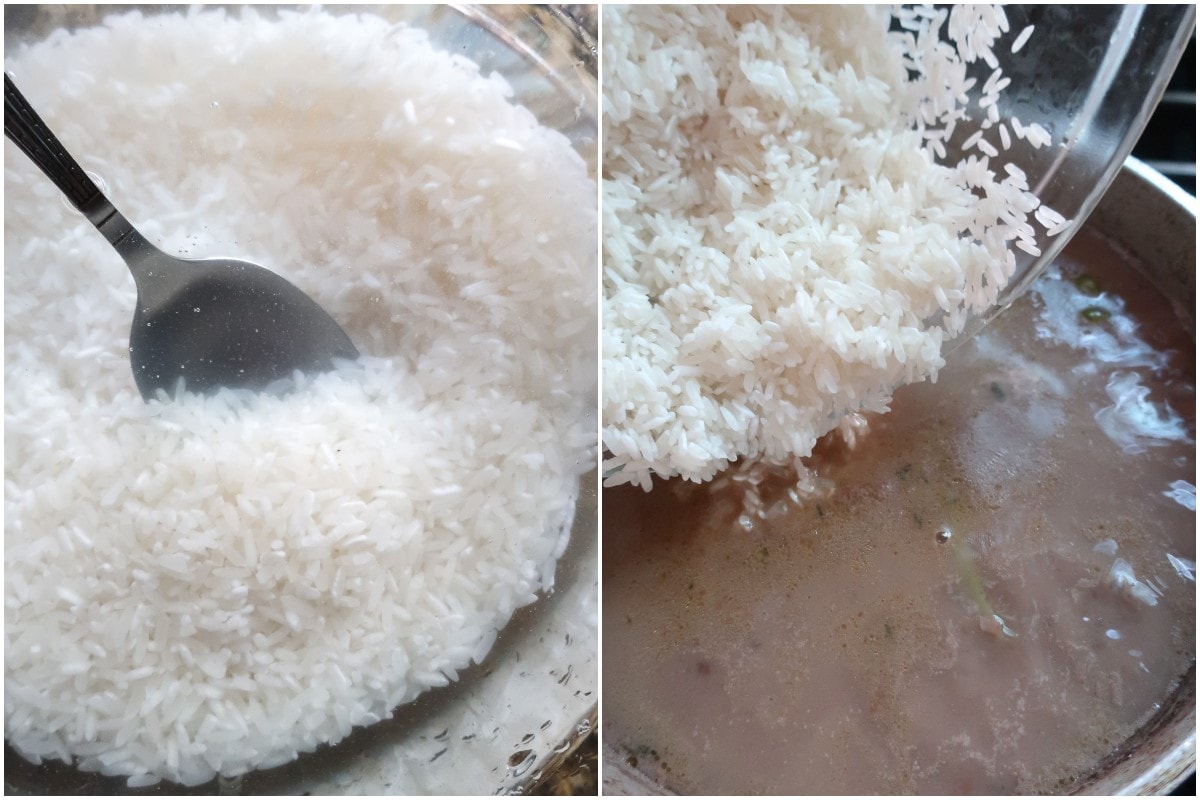Collage photo showing how to wash and and cook rice.