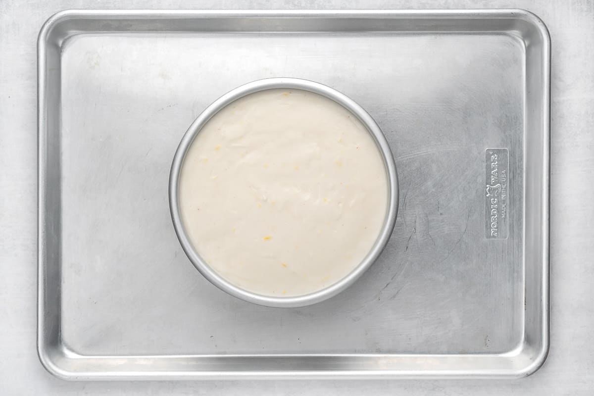 Unbaked cheesecake filling in pan