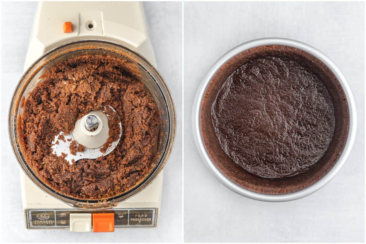 Crushed graham crackers in cake pan