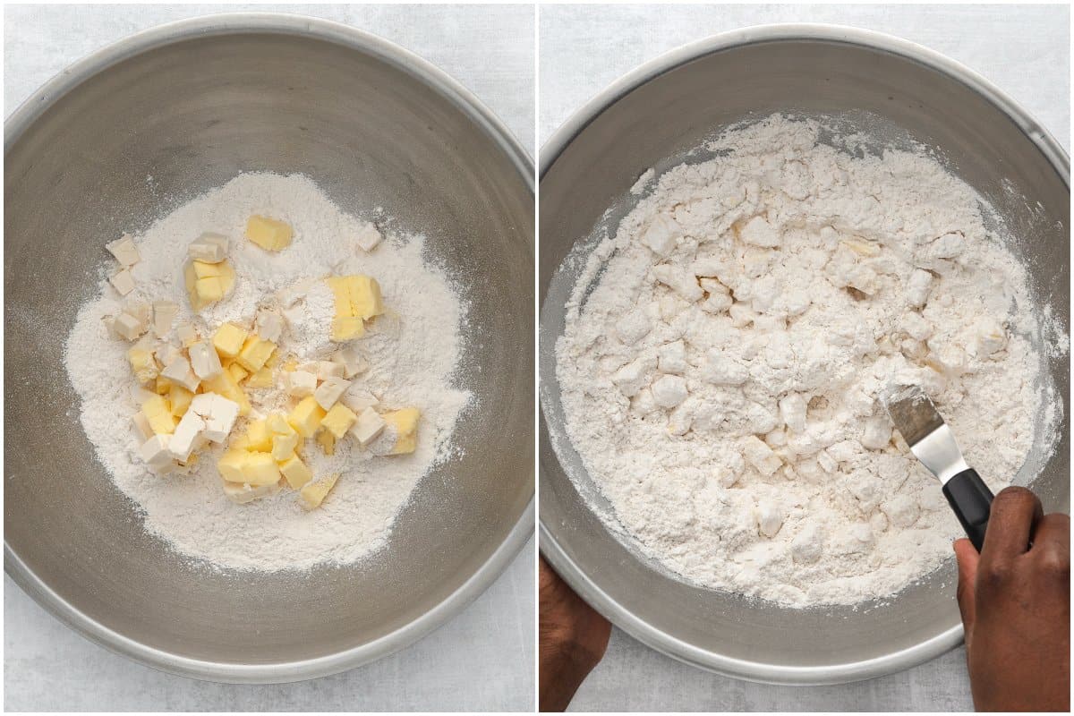 Flour and shortening in a mixing bowl