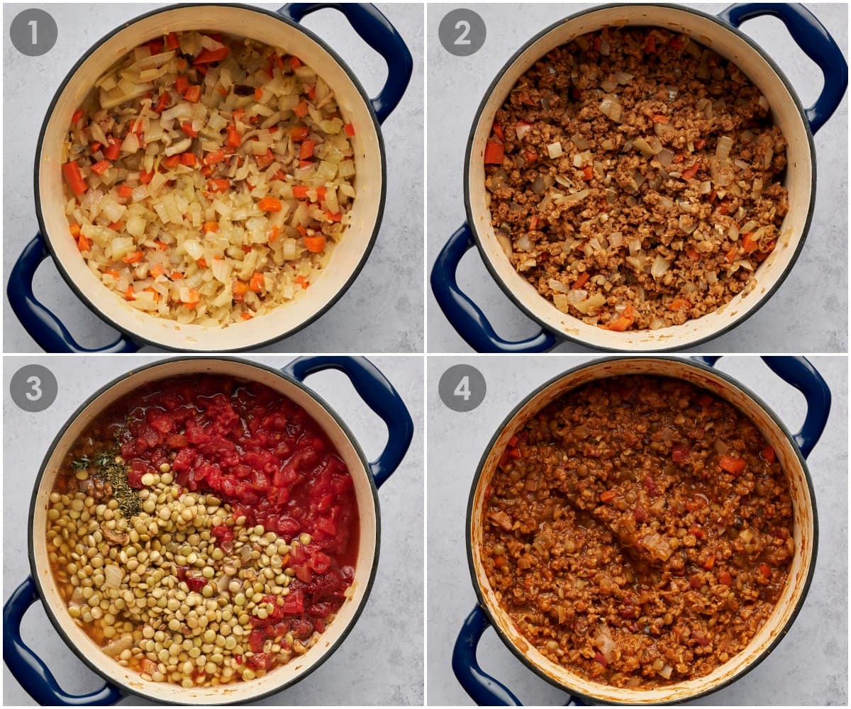 Images showing step by step process for making shepherd's pie filling.