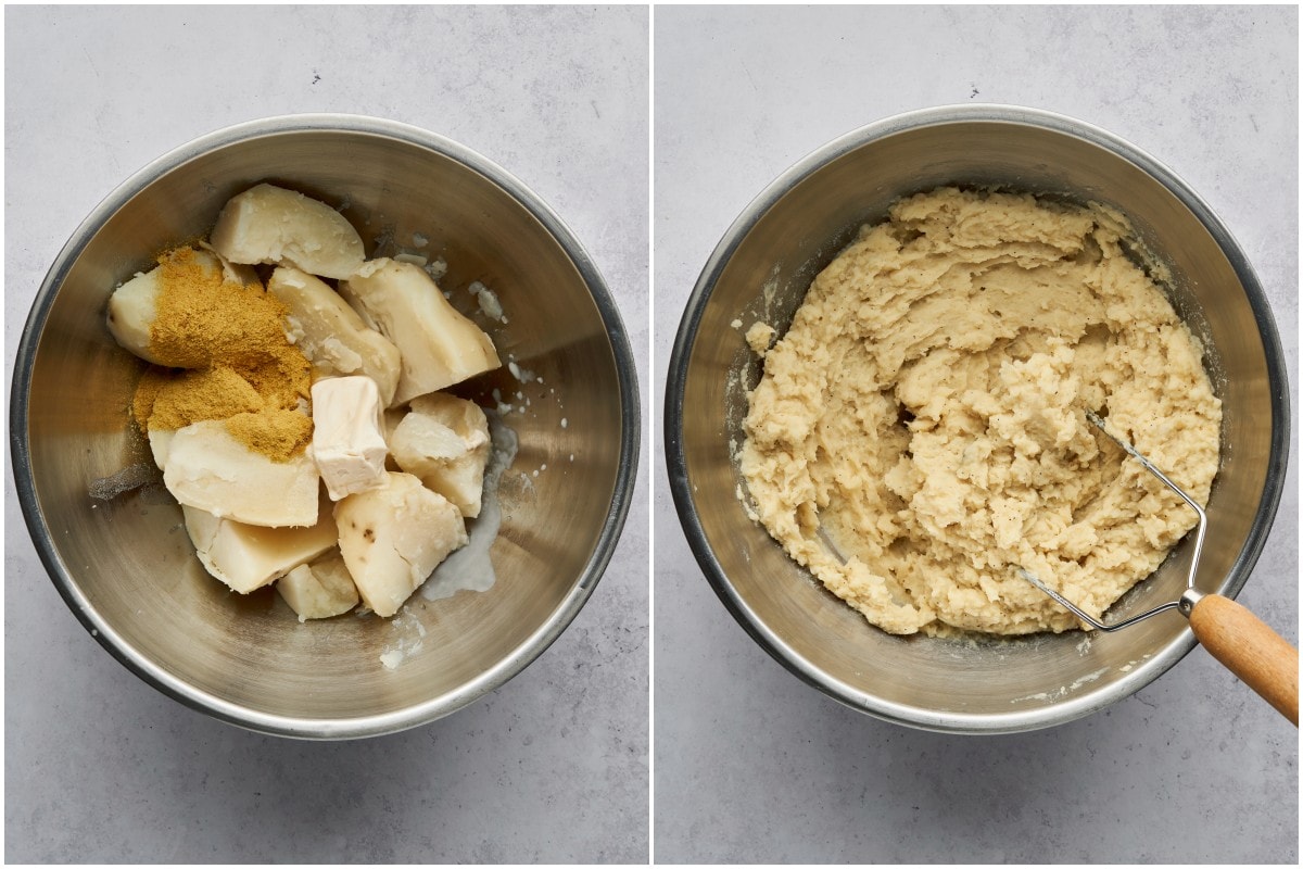 Two bowls showing the before and after mashing potatoes.