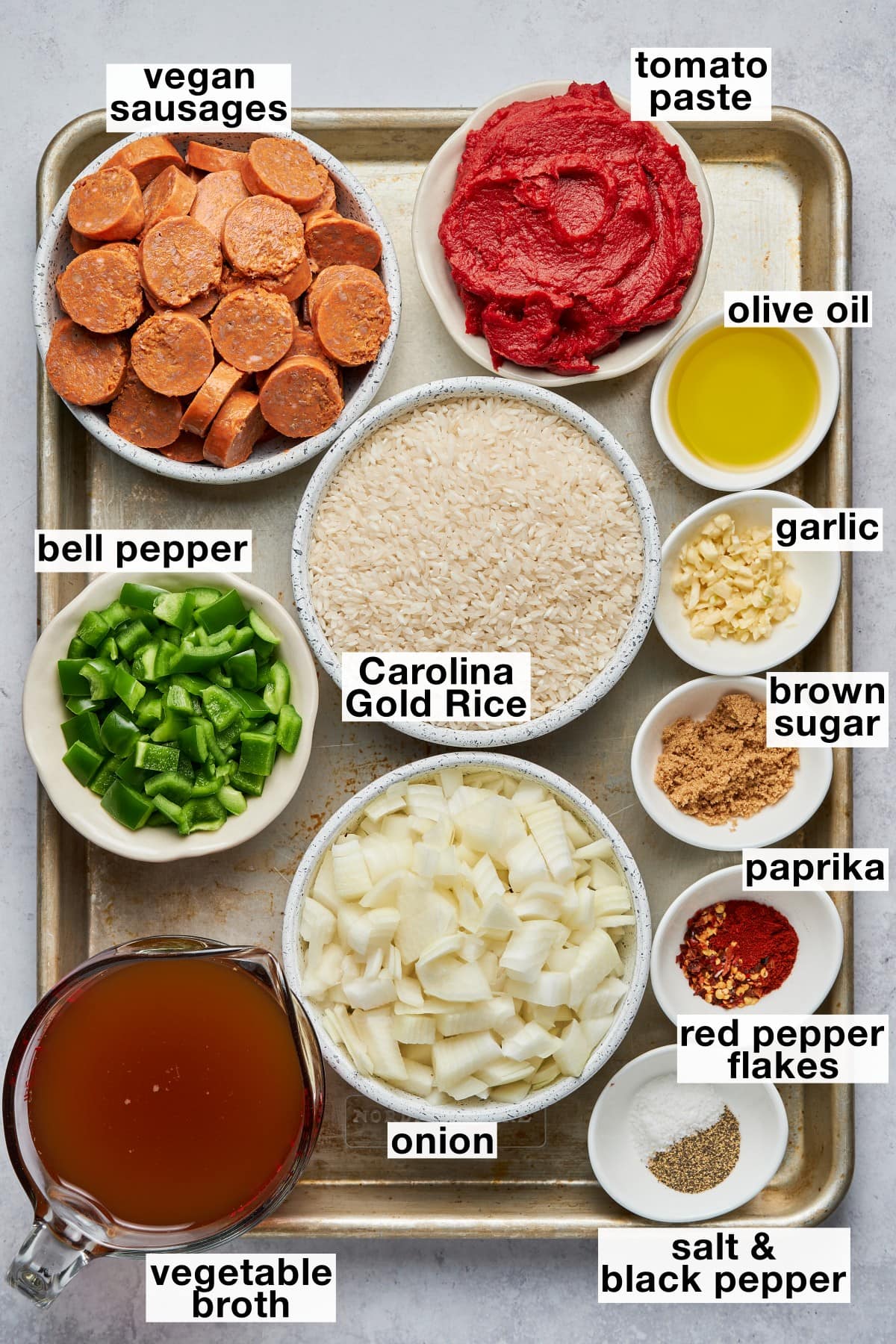 Recipe ingredients on a tray.