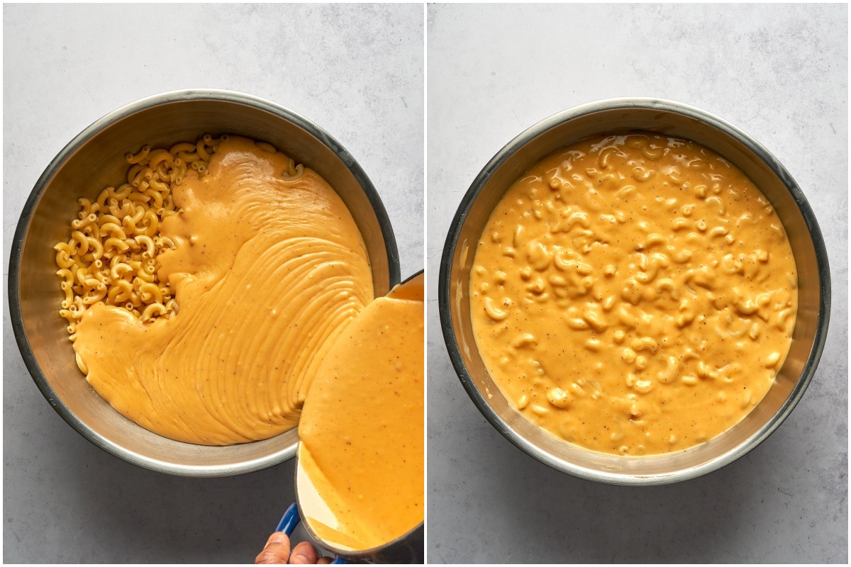 Pouring sauce over pasta in a large bowl.