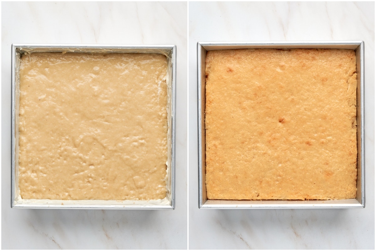 Left pan with cake batter uncooked. Right pan with cooked cake in pan.