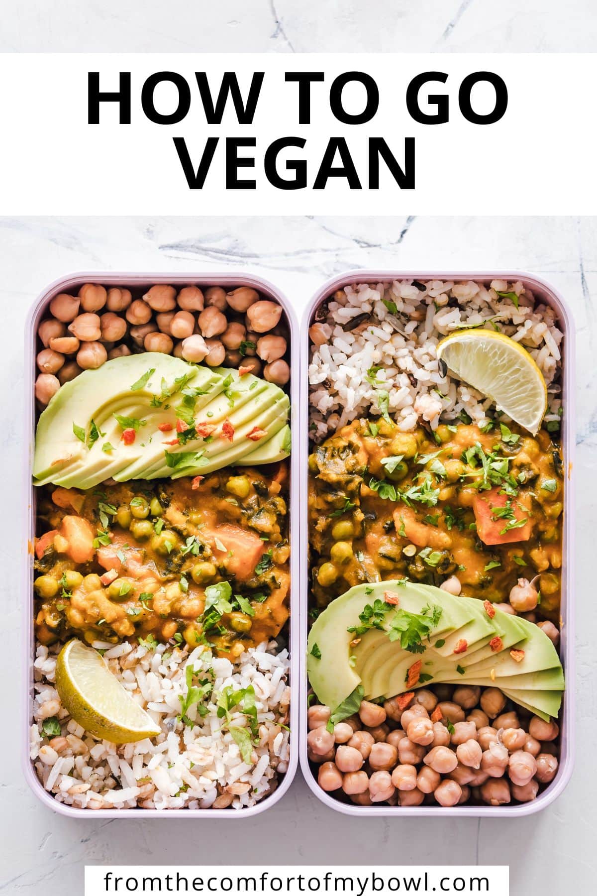 Two containers of beans, rice, and avocado.